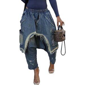 Womens Elastic Waist Wide Leg Cargo Jeans Boho Harem Capris Summer Trendy